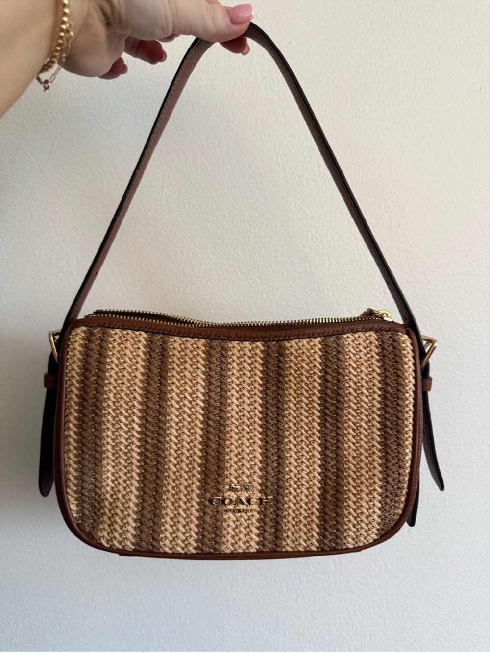 Coach Striped Woven Shoulder Bag in Brown and Tan
